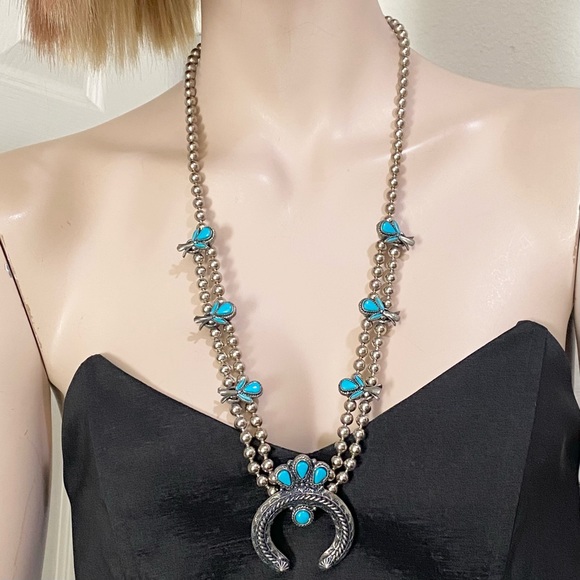 Vintage Faux Turquoise Silver-tone Ball Chain Squash Blossom Boho Necklace - Picture 2 of 12